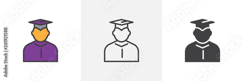 Student in mantle and graduation cap icon. Line, glyph and filled outline colorful version, Graduate student outline and filled vector sign. Symbol, logo illustration. Different style icons set.