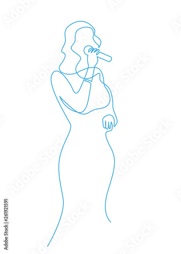 Woman singing karaoke continuous one line drawing. Singer with microphone sing blues.