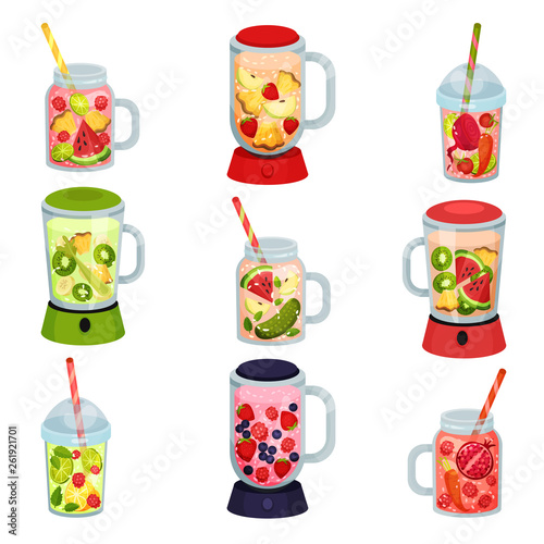 Fresh fruit cocktail collection on white background.