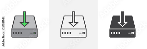 Download, install icon. Line, glyph and filled outline colorful version, download data storage outline and filled vector sign. Symbol, logo illustration. Different style icons set. Vector graphics