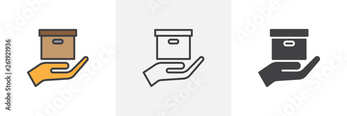 Parcel delivery icon. Line, glyph and filled outline colorful version, Hand holding product box outline and filled vector sign. Symbol, logo illustration. Different style icons set. Vector graphics