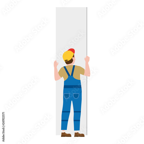 Professional worker man installing gypsum plasterboard panels