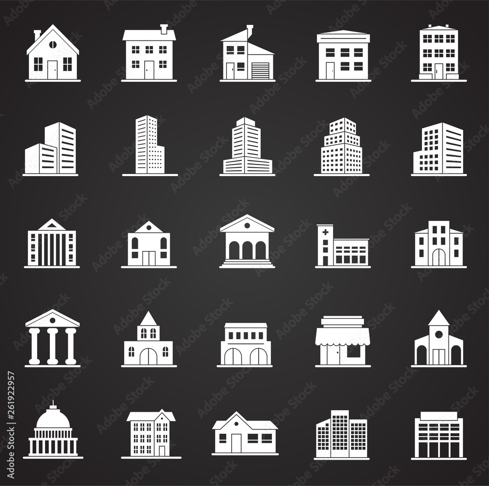 Buildings icons set on black background for graphic and web design. Simple vector sign. Internet concept symbol for website button or mobile app.