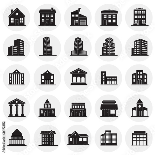 Buildings icons set on cirlces background for graphic and web design. Simple vector sign. Internet concept symbol for website button or mobile app.