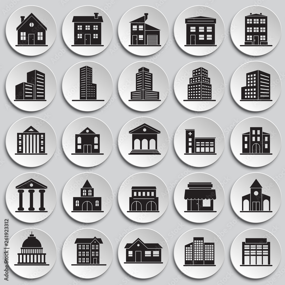 Buildings icons set on plates background for graphic and web design. Simple vector sign. Internet concept symbol for website button or mobile app.