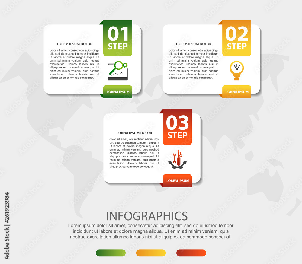 Modern 3D vector illustration. Infographic template with three elements, figures, rectangles, icons. Designed for business, presentations, web design, applications, interfaces, diagrams with 3 steps