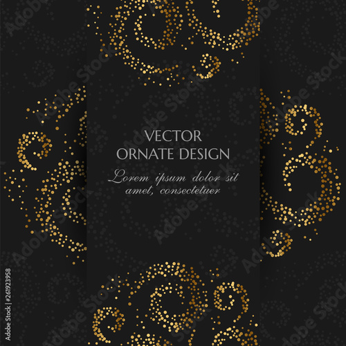 Golden swirls design. Square card with decoration elements  on the black background.