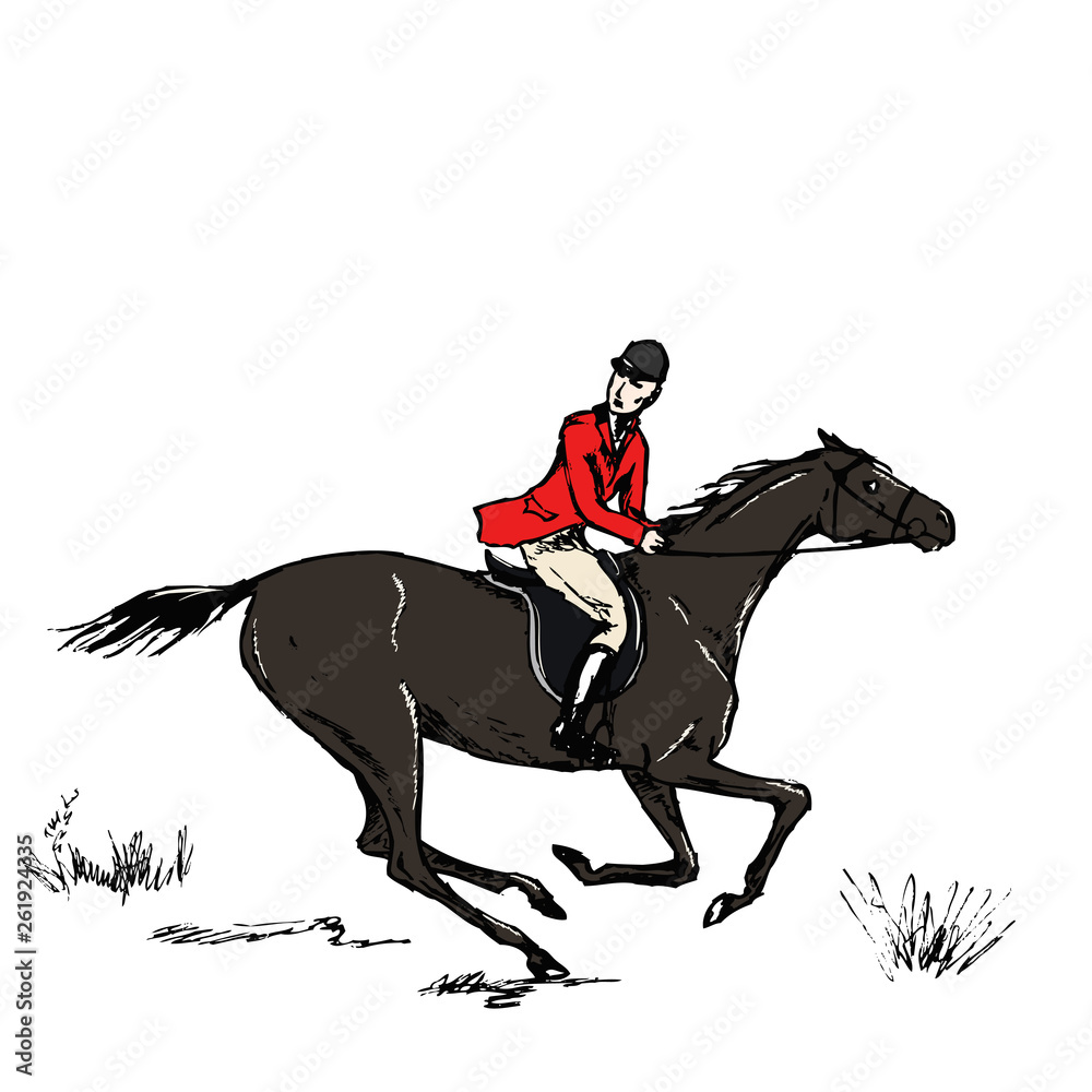 Equestrian sport fox hunting with galloping black horse man rider english style on landscape. England steeplechase horseman tradition. Hand drawing vector vintage horseback art. Equestrian sport fox hunting with galloping black horse man rider english style on landscape. England steeplechase horseman tradition. Hand drawing vector vintage horseback art.