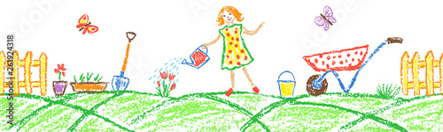 Seamless border background with girl water the flowers in garden. Gardening tools set. Like child hand drawing outdoor copy space. Crayon pencil vector watering can  shovel  fence  cart  rubber  plant