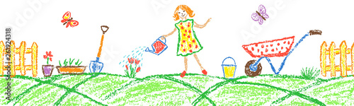Seamless border background with girl water the flowers in garden. Gardening tools set. Like child hand drawing outdoor copy space. Crayon pencil vector watering can, shovel, fence, cart, rubber, plant