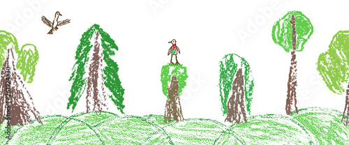 Wax crayon like child`s hand drawn forest or tree set and flaying bird isolated on white. Pastel chalk or pencil like kid`s hand painting seamless border. Vector ecology  background pattern banner.