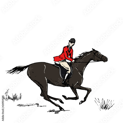 Equestrian sport fox hunting with galloping black horse man rider english style on landscape. England steeplechase horseman tradition. Hand drawing vector vintage horseback art. © larisa_zorina
