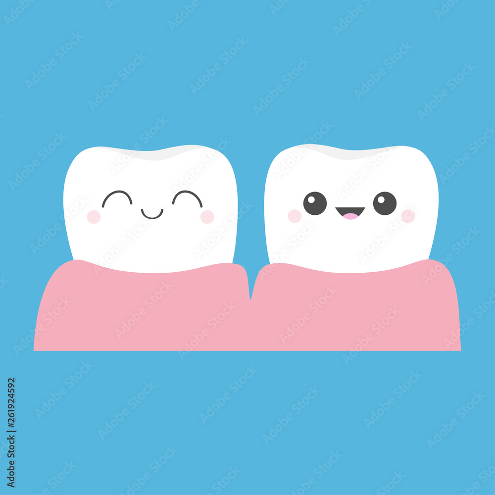 Two healthy white tooth gum icon. Cute cartoon kawaii smiling funny face character. Oral dental hygiene. Children teeth care. Flat design. Blue background. Two healthy white tooth gum icon. Cute cartoon kawaii smiling funny face character. Oral dental hygiene. Children teeth care. Flat design. Blue background.