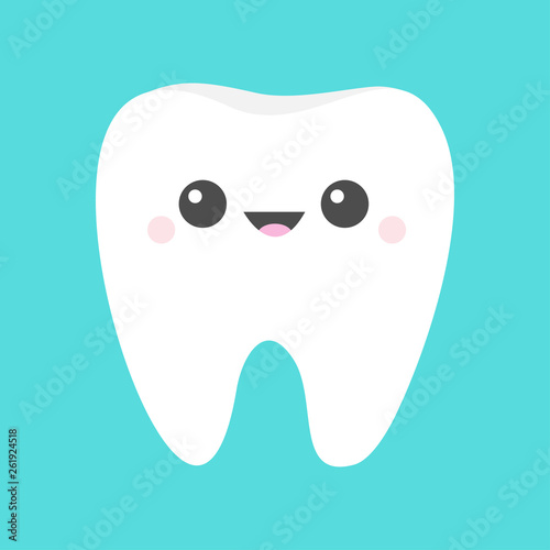 Healthy white tooth icon. Cute cartoon kawaii smiling funny face character. Oral dental hygiene. Children teeth care. Flat design. Blue background.
