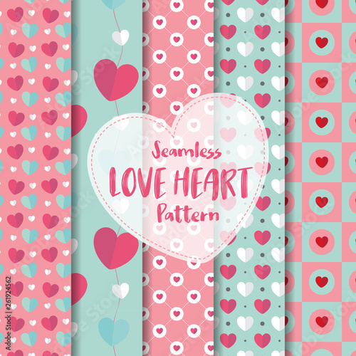 set of Love Heart Seamless Pattern on Romantic Pastel Color. Vector Illustration. 