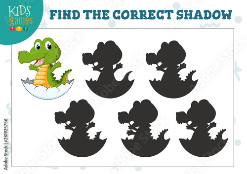 Find the correct shadow for cute cartoon little crocodile educational preschool kids game