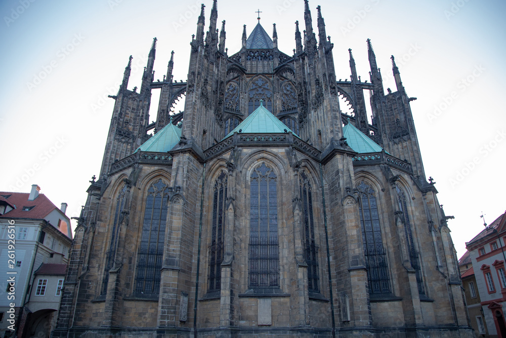Close-up view of St. Vitus Cathedral against the blue sky. Prague, Czech Republic