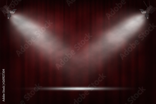 Spotlights on red curtain background. Vector cinema, theater or circus background.