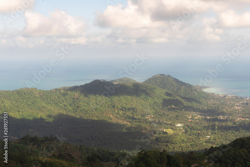 View of a nearby tropical jungle from high above the tree level, Koh Samui, Thailand