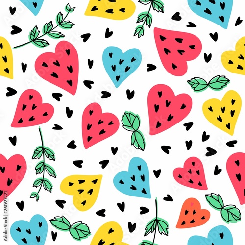 Seamless vector pattern with watermelons and mint.Bright summer background.