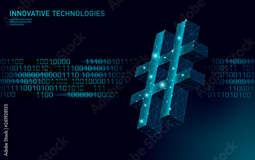 3D hashtag symbol dark blue glowing low poly. Communication online social media share search posts. Information innovation web technology binary code flow vector illustration