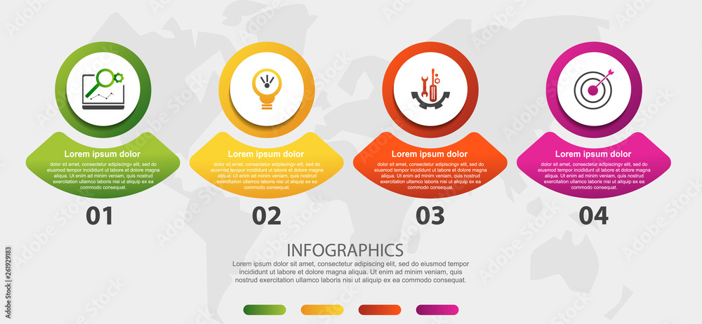 Modern 3D vector illustration. Circular infographic template with four elements, icons and figures. Designed for business, presentations, web design, applications, interfaces, diagrams with 4 steps Modern 3D vector illustration. Circular infographic template with four elements, icons and figures. Designed for business, presentations, web design, applications, interfaces, diagrams with 4 steps