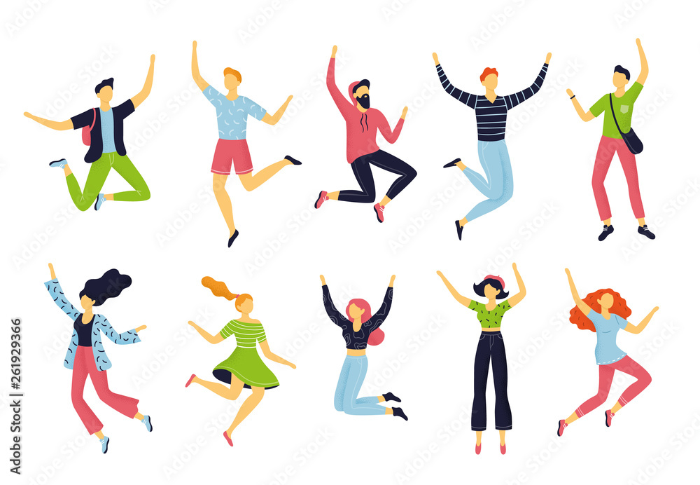 Set of happy jumping people in different poses. Hand-drawn collection of cartoon women and men. Doodle funny characters can be used for partnership, teamwork or celebration concepts.