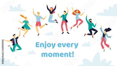 Set of happy jumping people in different poses. Hand-drawn collection of cartoon women and men with text. Doodle funny characters enjoying life and every moment