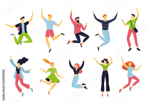 Set of happy jumping people in different poses. Hand-drawn collection of cartoon women and men. Doodle funny characters can be used for partnership, teamwork or celebration concepts.