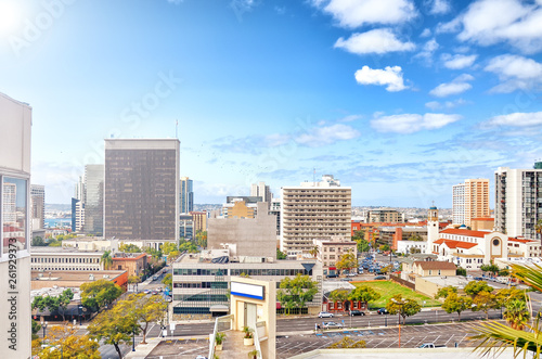 city of San Diego in southern california usa aerial skyline urban street view of downtown civic center san diego bay port american town architecture with St Joseph cathedral panorama landscape