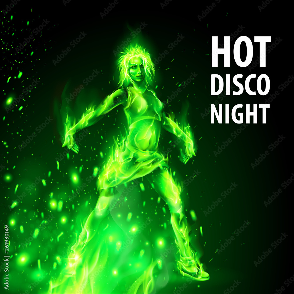 Dancing Hot Girl in Green Fire on Black Background. Hot disco Night