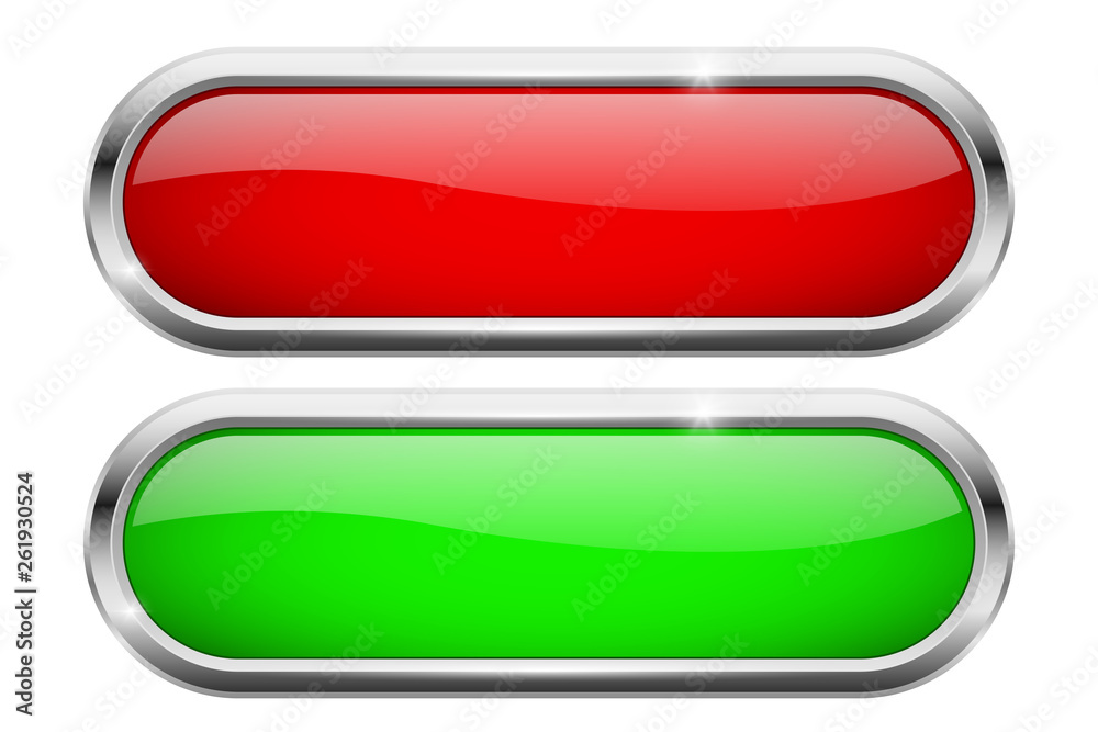 Red and green oval buttons. Glass icons with chrome frame Red and green oval buttons. Glass icons with chrome frame