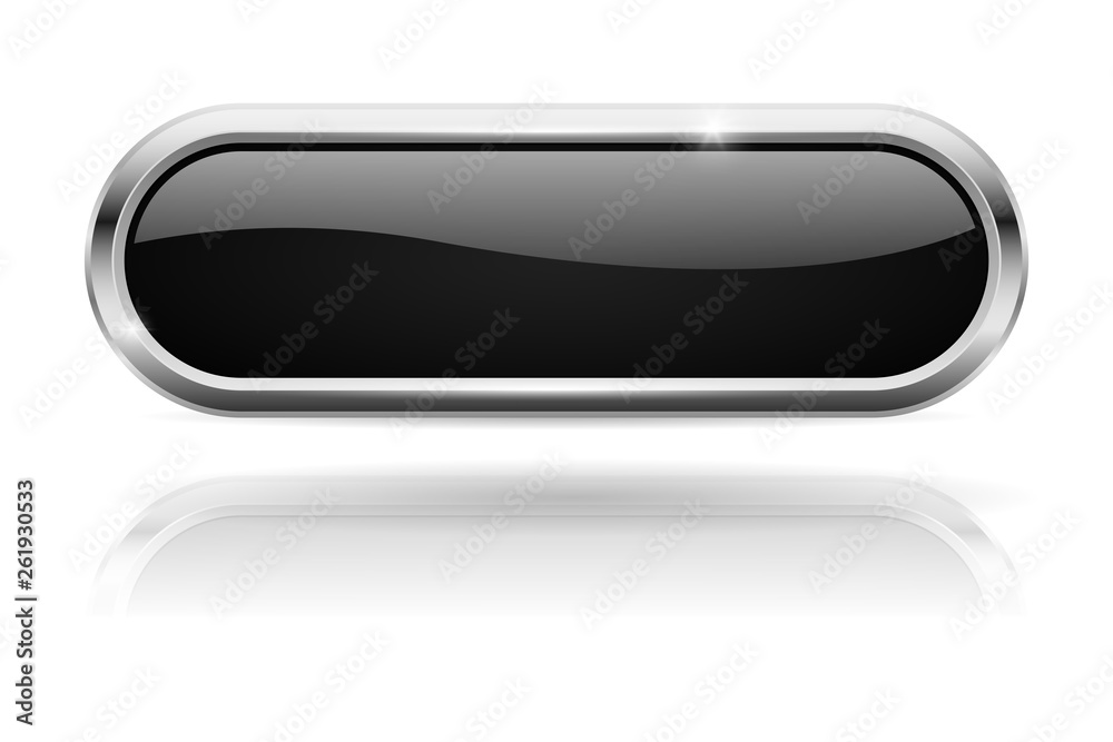 Black oval button. Glass icon with chrome frame Black oval button. Glass icon with chrome frame