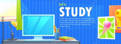 Workplace with a computer desk on which are books and a lamp. Vector cartoon illustration  