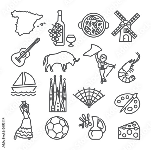 Spain line icons set. Spanish traditional symbols and objects.