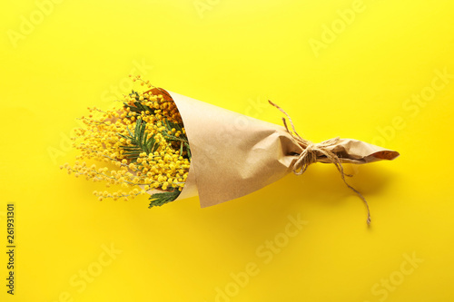 Bouquet of beautiful mimosa flowers on color background