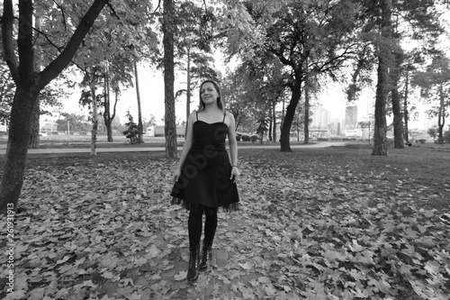 Princess in a vintage dress. Walk along the picturesque autumn hills at sunset. Photo of a brunette girl . Artistic Photo. girl in a black dress walking the park