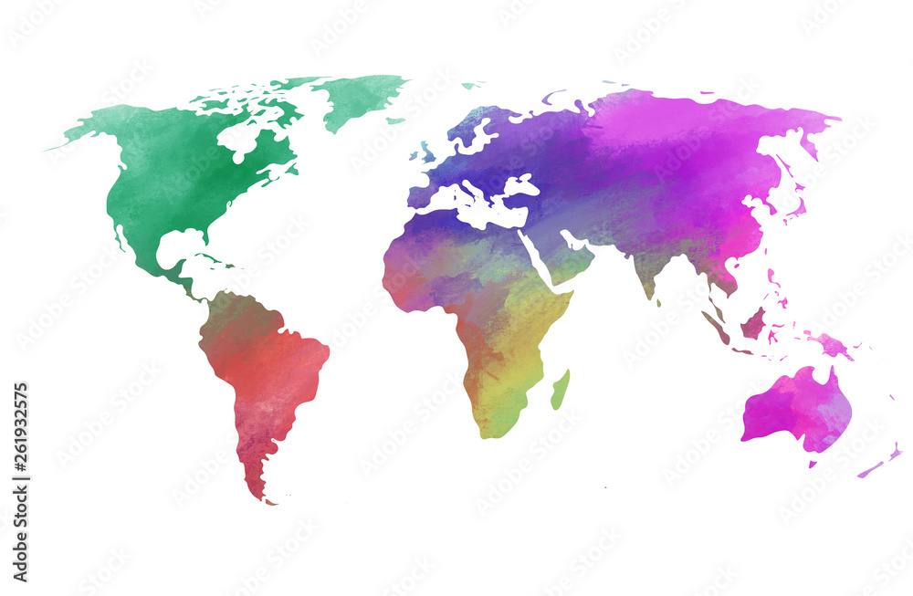Obraz Kolorowa mapa świata akwarela na płótnie. Malarstwo cyfrowe.