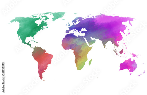 Colorful watercolor world map on canvas background. Digital painting.