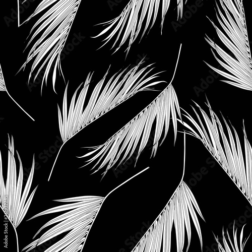 Coconut palm leaves by hand drawing and sketch with line-art seamless pattern on black backgrounds.