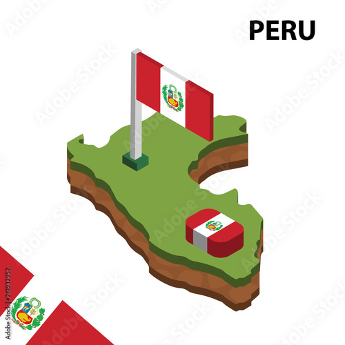 Isometric map and flag of Peru. 3D isometric Vector Illustration	