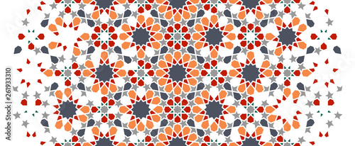 Arabesque vector seamless pattern. Geometric halftone texture with color tile disintegration or breaking