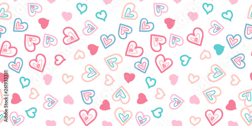 Hand drawn hearts - seamless pattern. Small colorful hearts. Calm soft delicate colors. Background or texture for tissue paper, etc.