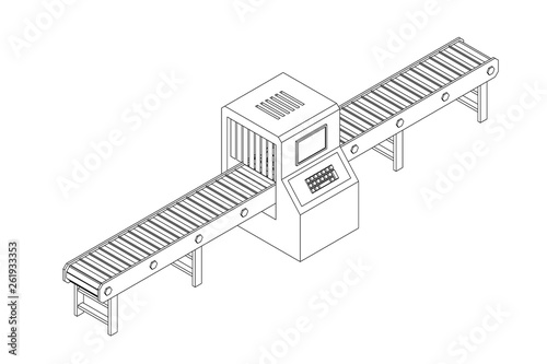 Empty conveyor belt with monitor. Vector outline illustration