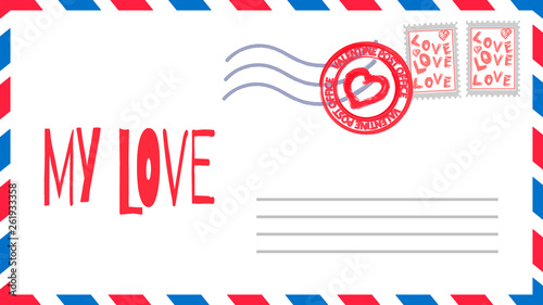 Festive declaration of love in Valentine's Day. My love letter in envelope with stamp. Valentine card. Blank postcard. Flat vector illustration.