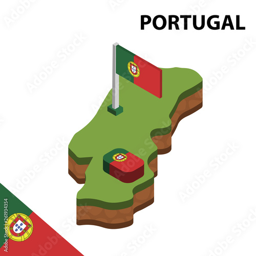 Isometric map and flag of Portugal. 3D isometric Vector Illustration	