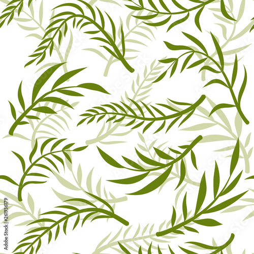 Tropical vector green leaves seamless pattern white background. Exotic wallpaper. Floral seamless pattern - Vector.