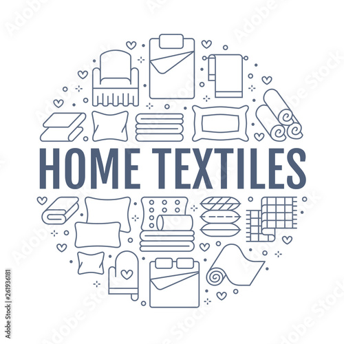 Home textiles circle template with flat line icons. Bedding, bedroom linen, pillows, sheets set, blanket and duvet illustrations. Blue white thin signs for interior store