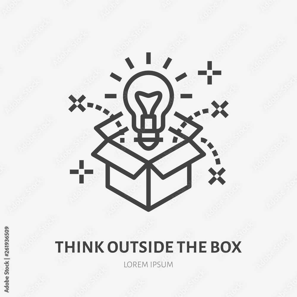 Think outside the box flat line icon. Creative solution vector illustration. Thin sign of innovation, business logo Think outside the box flat line icon. Creative solution vector illustration. Thin sign of innovation, business logo