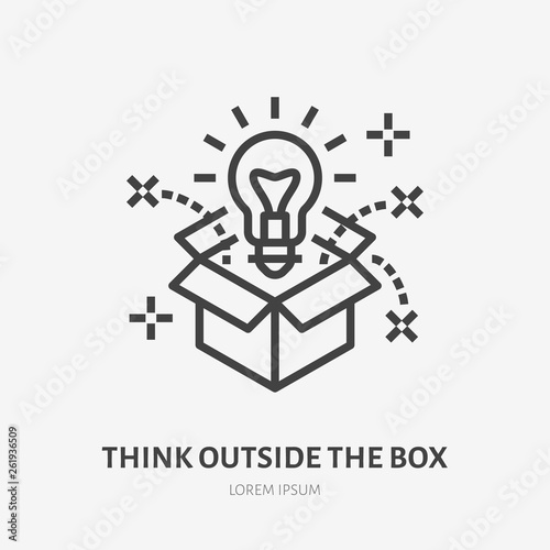 Think outside the box flat line icon. Creative solution vector illustration. Thin sign of innovation, business logo